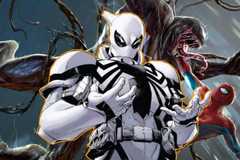anti venom standing in front of venom fighting spider-man.