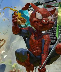 Spider-Ham swings away form a sausage stand with a hot dog in hand, and several key cards displayed behind him.
