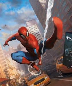 spider-man swinging towards a magic the gathering bundle.