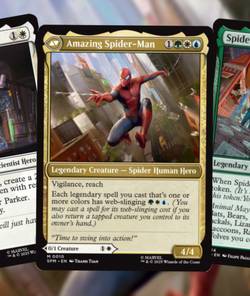 Three Magic-The Gathering cards depicting Spider-Man